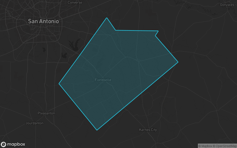 Map of Wilson County, Texas showing the county boundary and surrounding cities