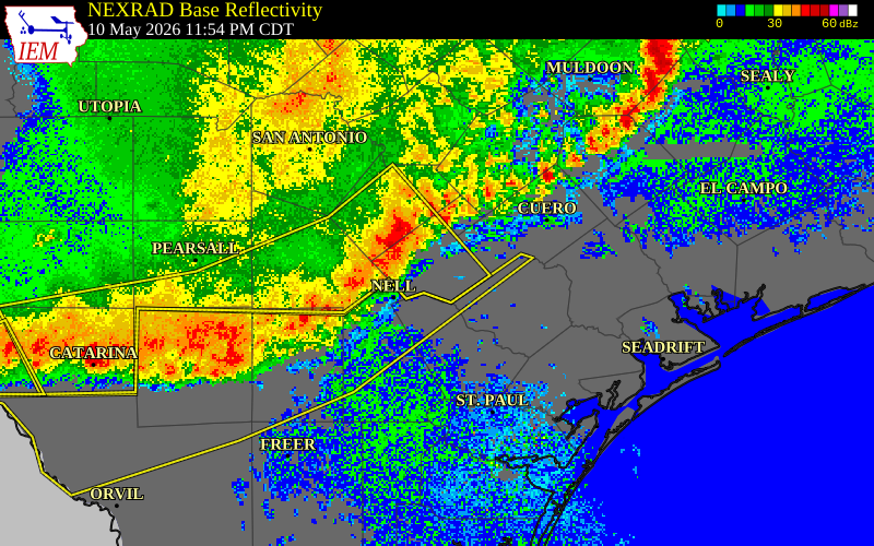 NEXRAD radar during the Sunday, May 10, 2026 storm activity in Wilson County, Texas