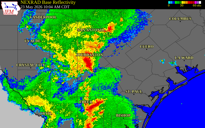 NEXRAD radar during the Saturday, May 23, 2026 storm activity in Wilson County, Texas