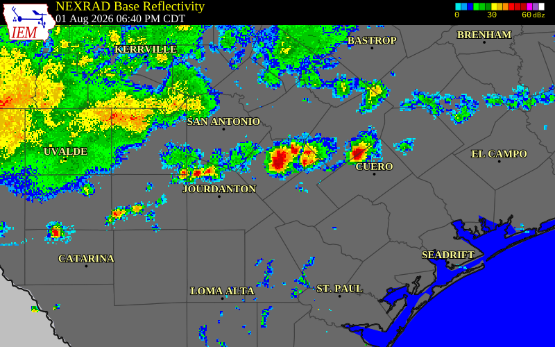 NEXRAD radar during the Saturday, August 1, 2026 storm activity in Wilson County, Texas