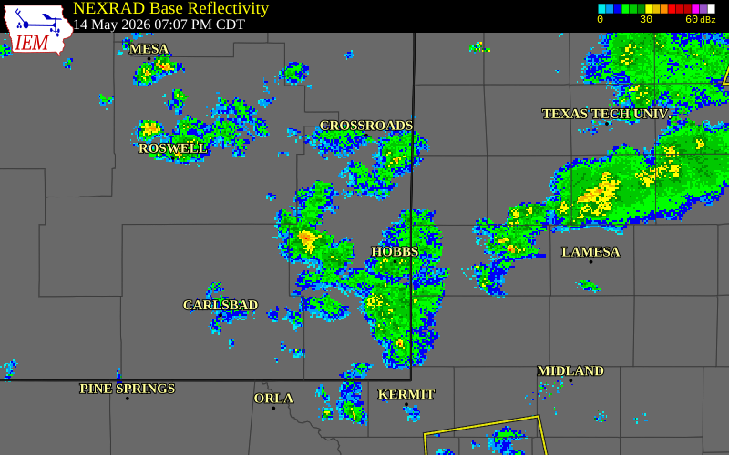 NEXRAD radar during the Thursday, May 14, 2026 storm activity in Winkler County, Texas