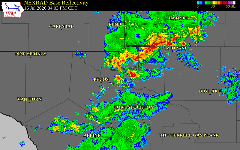 NEXRAD radar during the Thursday, July 16, 2026 storm activity in Winkler County, Texas