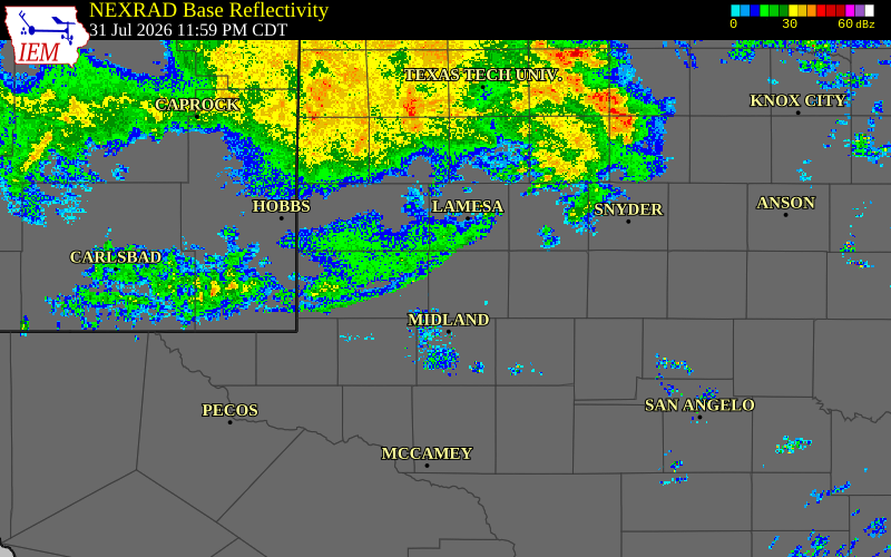 Radar snapshot during the Jul 31, 2026 wind event near Winkler County, Winkler County, Texas, with NWS warning polygons