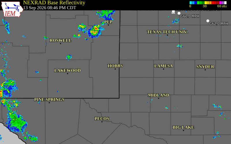 Current NEXRAD radar over Winkler County, Texas with recent storm report locations