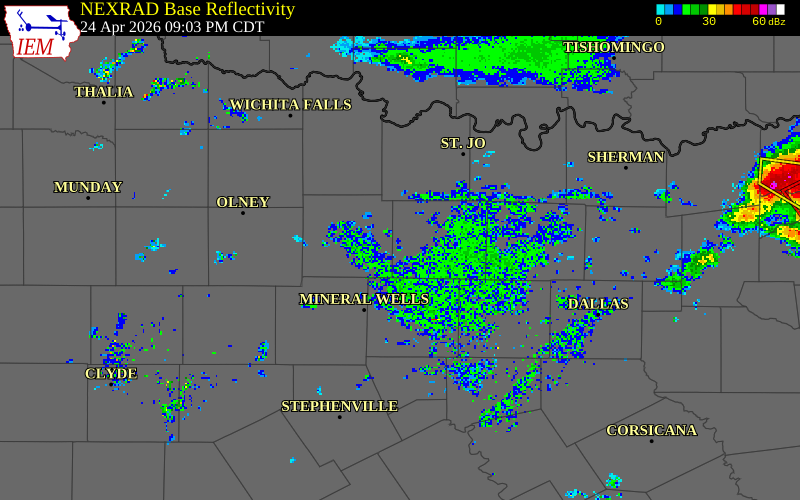 NEXRAD radar during the Friday, April 24, 2026 storm activity in Wise County, Texas
