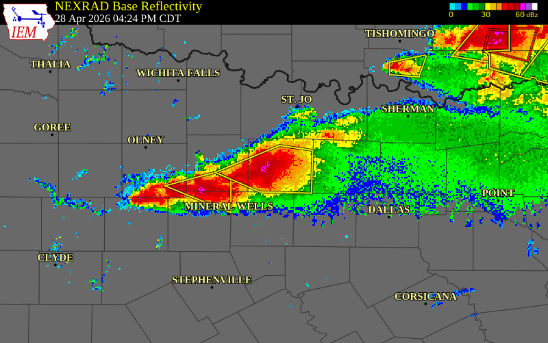 NEXRAD radar during the Tuesday, April 28, 2026 storm activity in Wise County, Texas