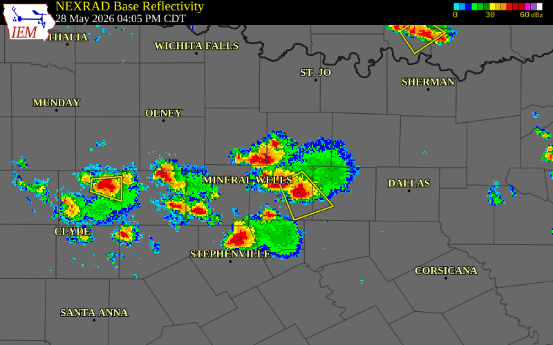 NEXRAD radar during the Thursday, May 28, 2026 storm activity in Wise County, Texas