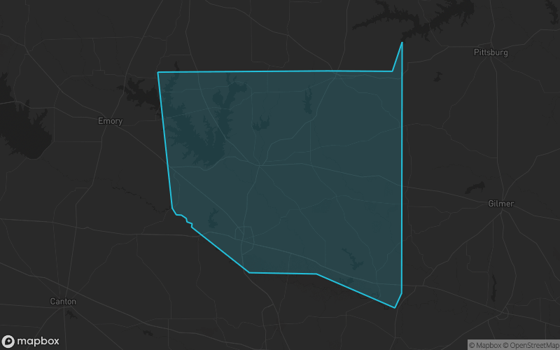 Map of Wood County, Texas showing the county boundary and surrounding cities