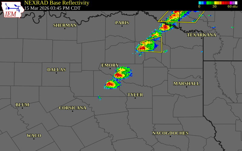 NEXRAD radar during the Sunday, March 15, 2026 storm activity in Wood County, Texas