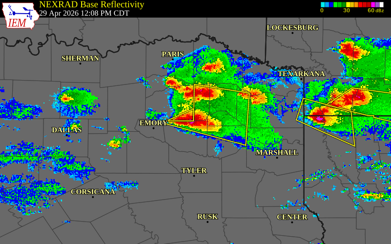 NEXRAD radar during the Wednesday, April 29, 2026 storm activity in Wood County, Texas