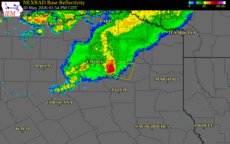 NEXRAD radar during the Sunday, May 10, 2026 storm activity in Wood County, Texas