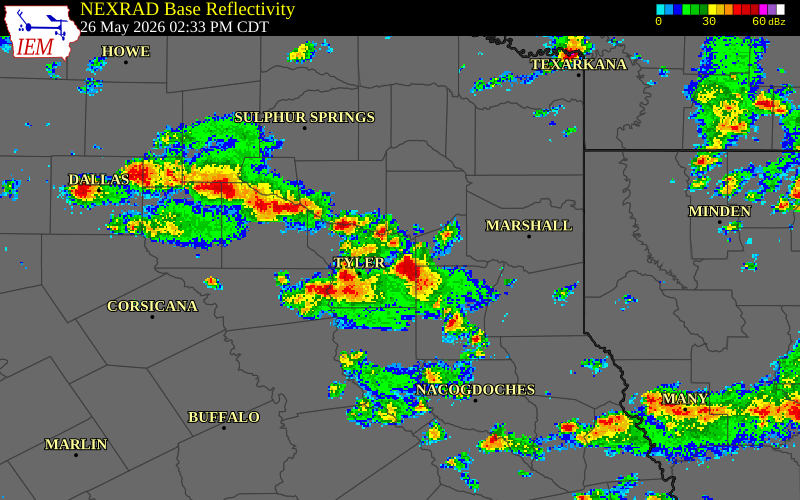 NEXRAD radar during the Tuesday, May 26, 2026 storm activity in Wood County, Texas