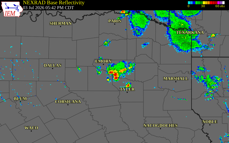 NEXRAD radar during the Friday, July 3, 2026 storm activity in Wood County, Texas