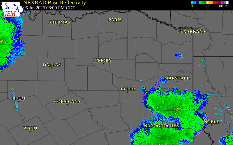 NEXRAD radar during the Sunday, July 5, 2026 storm activity in Wood County, Texas