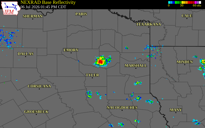 NEXRAD radar during the Monday, July 6, 2026 storm activity in Wood County, Texas