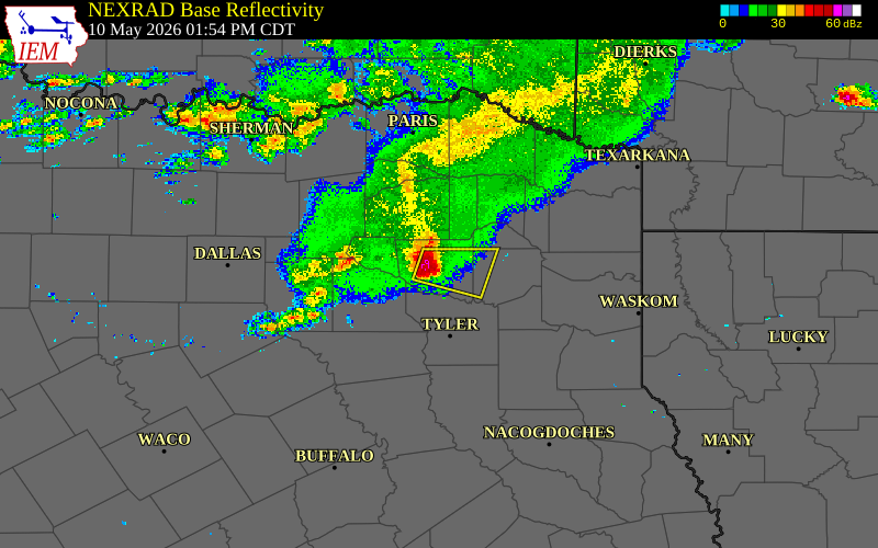 Radar snapshot during the May 10, 2026 hail event near 5 SE Quitman, Wood County, Texas, with NWS warning polygons