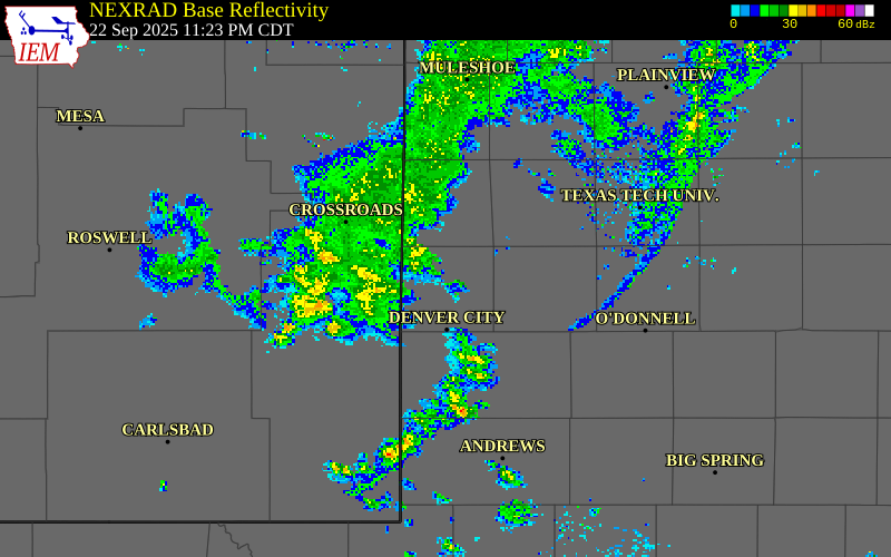NEXRAD radar during the Monday, September 22, 2025 storm activity in Yoakum County, Texas