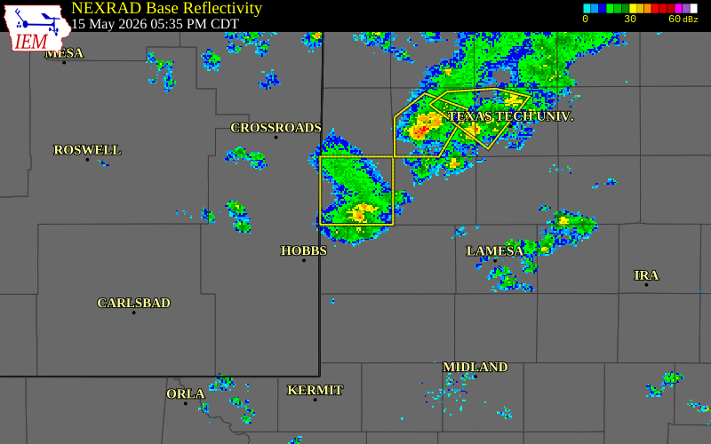 NEXRAD radar during the Friday, May 15, 2026 storm activity in Yoakum County, Texas