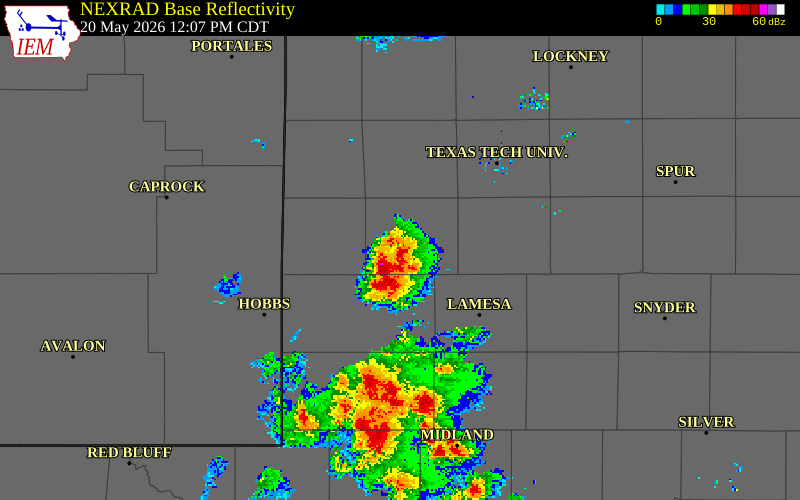 NEXRAD radar during the Wednesday, May 20, 2026 storm activity in Yoakum County, Texas