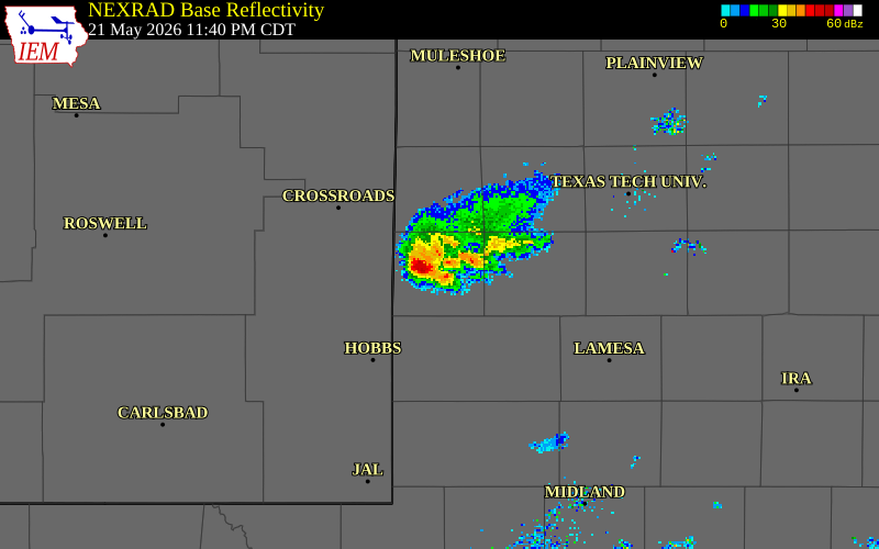 NEXRAD radar during the Thursday, May 21, 2026 storm activity in Yoakum County, Texas