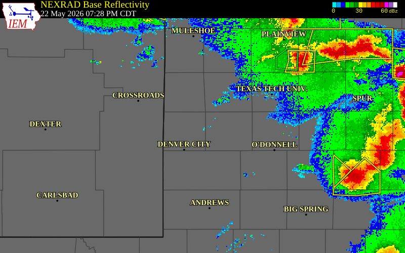 NEXRAD radar during the Friday, May 22, 2026 storm activity in Yoakum County, Texas