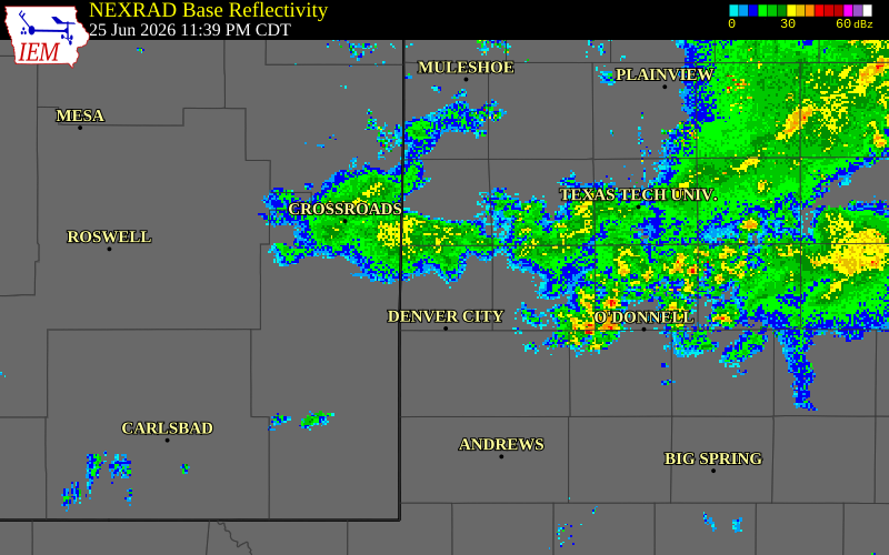 NEXRAD radar during the Thursday, June 25, 2026 storm activity in Yoakum County, Texas