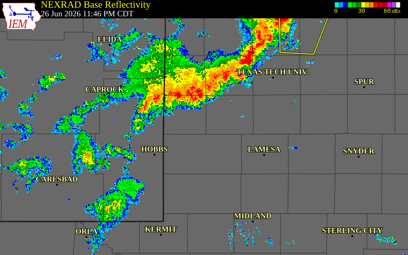 NEXRAD radar during the Friday, June 26, 2026 storm activity in Yoakum County, Texas