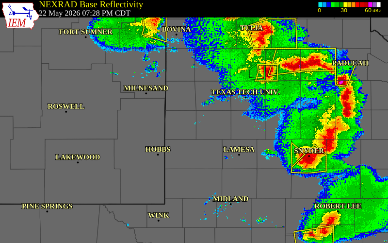 Radar snapshot during the May 22, 2026 tornado event near 5 NW Tokio, Yoakum County, Texas, with NWS warning polygons