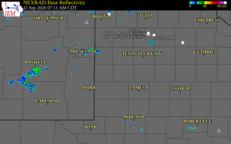 Current NEXRAD radar over Yoakum County, Texas with recent storm report locations