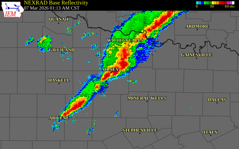 NEXRAD radar during the Saturday, March 7, 2026 storm activity in Young County, Texas