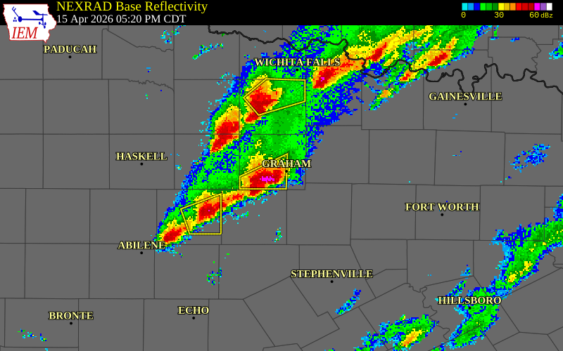 NEXRAD radar during the Wednesday, April 15, 2026 storm activity in Young County, Texas