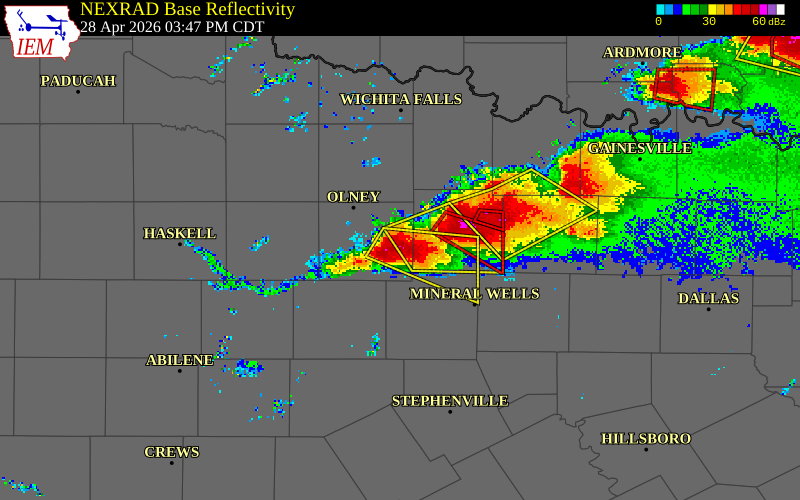 NEXRAD radar during the Tuesday, April 28, 2026 storm activity in Young County, Texas