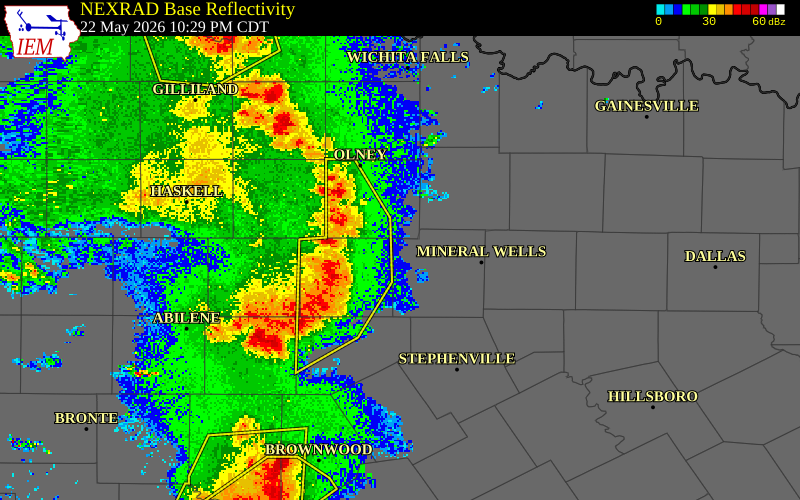 NEXRAD radar during the Friday, May 22, 2026 storm activity in Young County, Texas