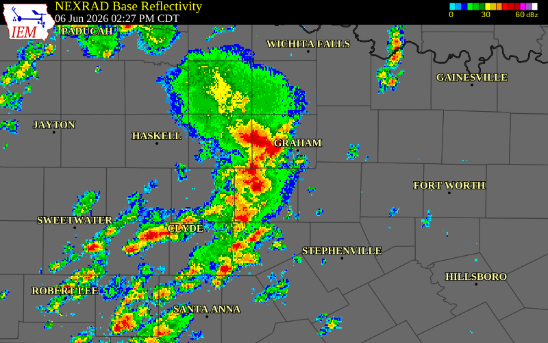 NEXRAD radar during the Saturday, June 6, 2026 storm activity in Young County, Texas