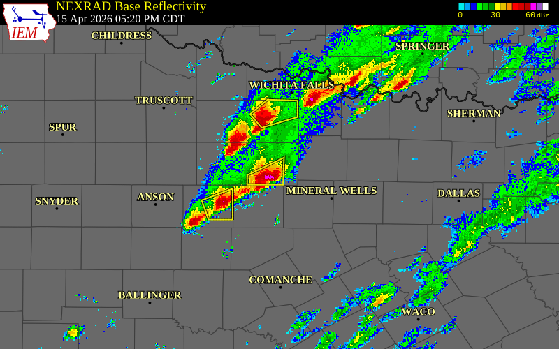 Radar snapshot during the Apr 15, 2026 hail event near 3 SW Graham, Young County, Texas, with NWS warning polygons