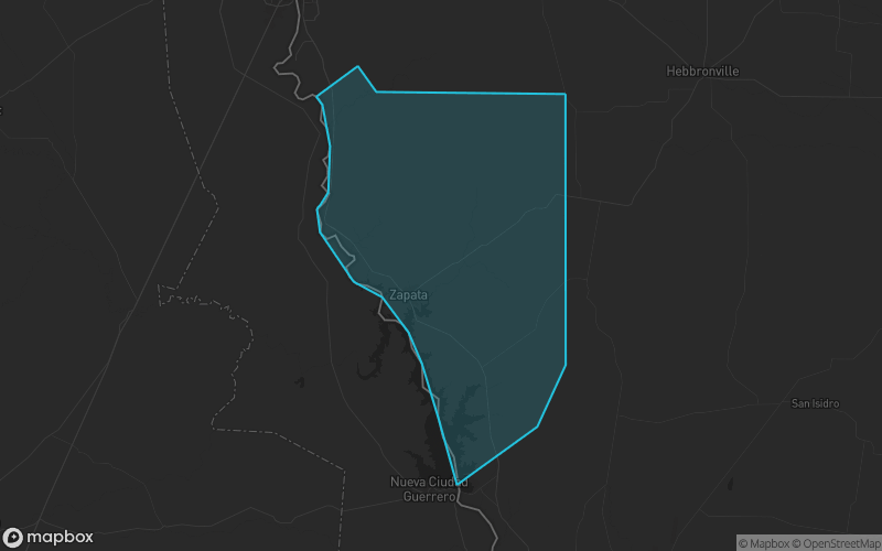 Map of Zapata County, Texas showing the county boundary and surrounding cities