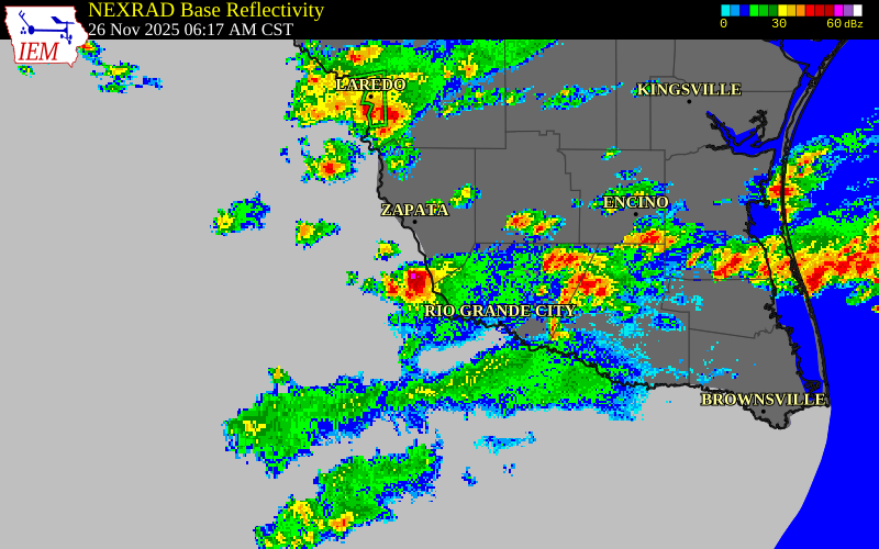 NEXRAD radar during the Wednesday, November 26, 2025 storm activity in Zapata County, Texas