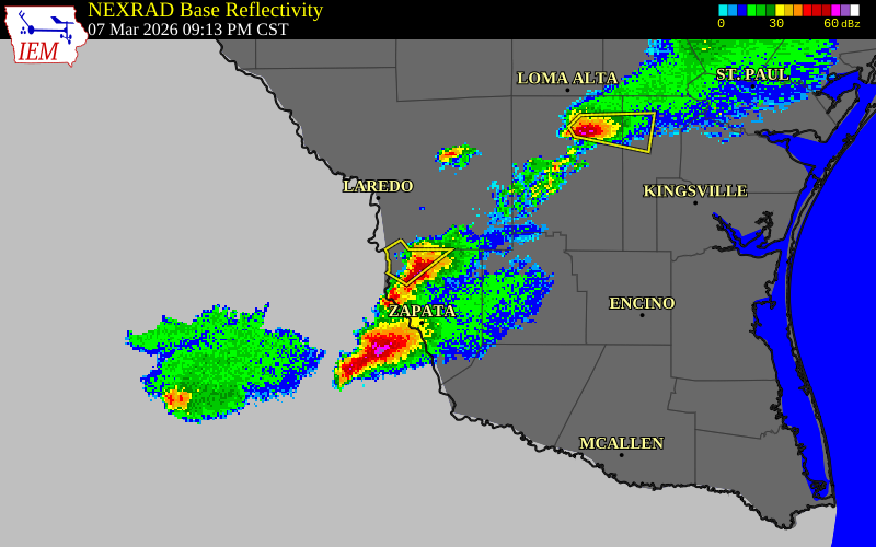 NEXRAD radar during the Saturday, March 7, 2026 storm activity in Zapata County, Texas