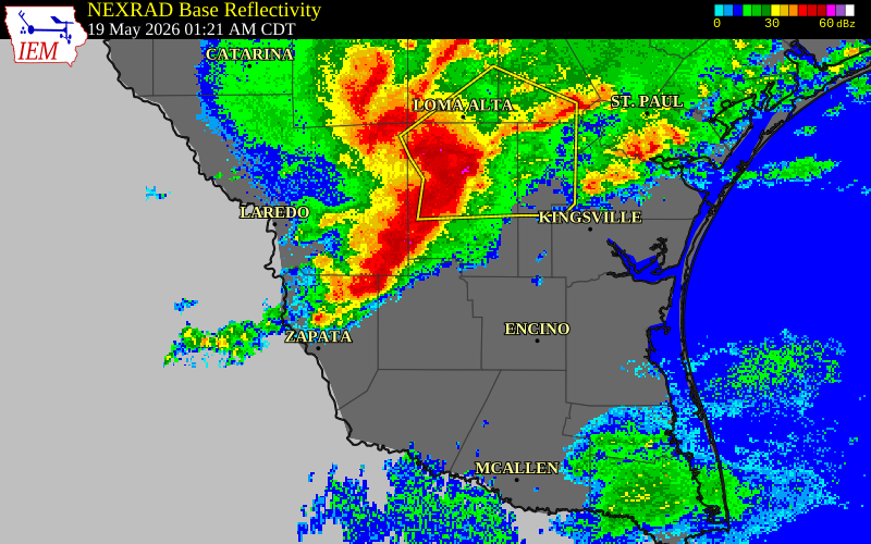 NEXRAD radar during the Tuesday, May 19, 2026 storm activity in Zapata County, Texas