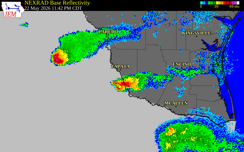 NEXRAD radar during the Friday, May 22, 2026 storm activity in Zapata County, Texas