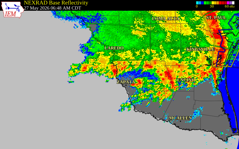 NEXRAD radar during the Wednesday, May 27, 2026 storm activity in Zapata County, Texas