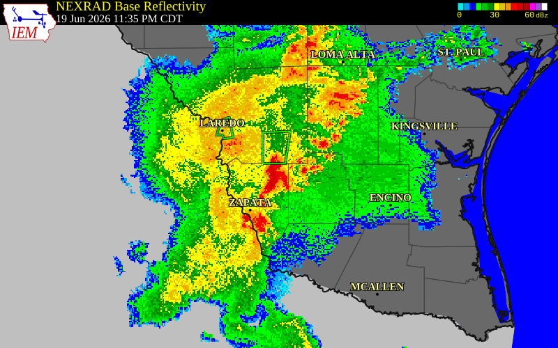 NEXRAD radar during the Friday, June 19, 2026 storm activity in Zapata County, Texas