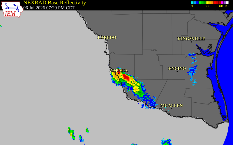 NEXRAD radar during the Monday, July 6, 2026 storm activity in Zapata County, Texas
