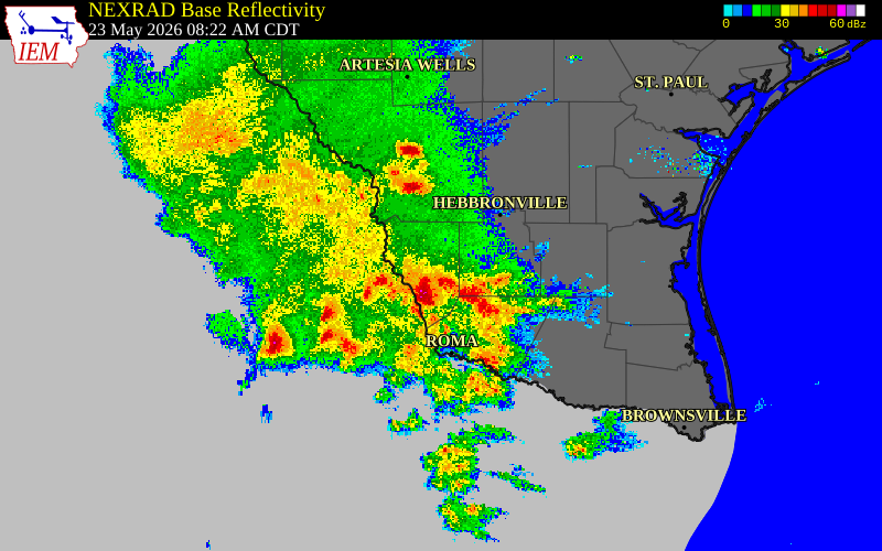 Radar snapshot during the May 23, 2026 hail event near Zapata County, Zapata County, Texas, with NWS warning polygons