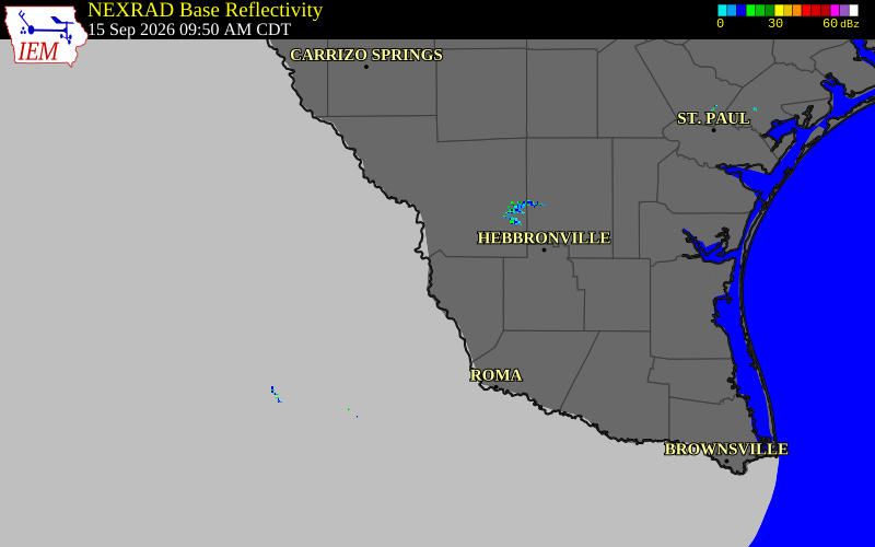 Current NEXRAD radar over Zapata County, Texas with recent storm report locations