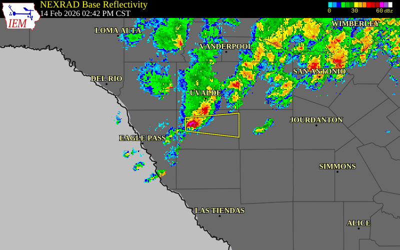 NEXRAD radar during the Saturday, February 14, 2026 storm activity in Zavala County, Texas