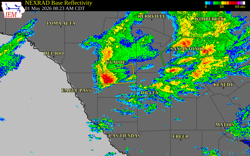 NEXRAD radar during the Friday, May 1, 2026 storm activity in Zavala County, Texas