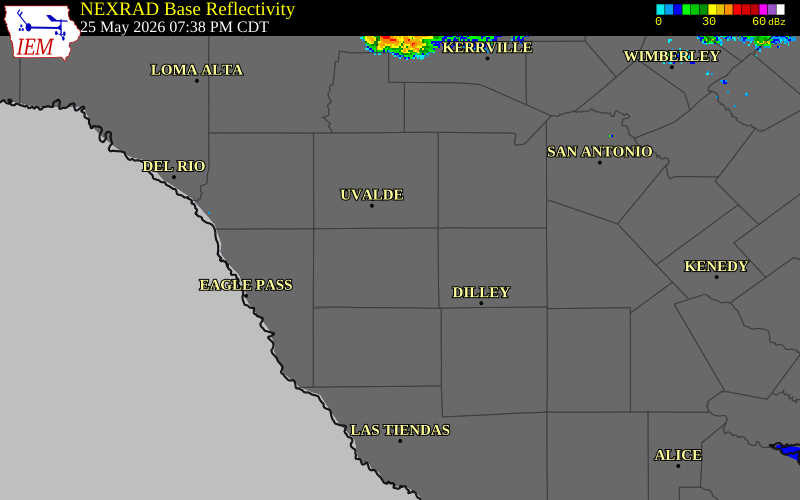 NEXRAD radar during the Monday, May 25, 2026 storm activity in Zavala County, Texas