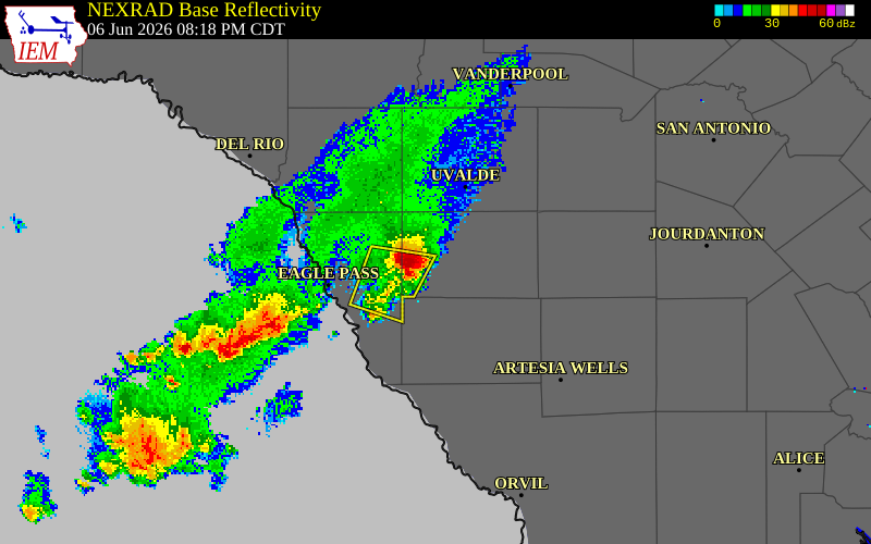 NEXRAD radar during the Saturday, June 6, 2026 storm activity in Zavala County, Texas