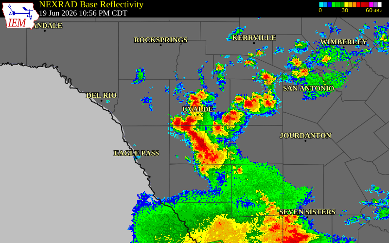 NEXRAD radar during the Friday, June 19, 2026 storm activity in Zavala County, Texas